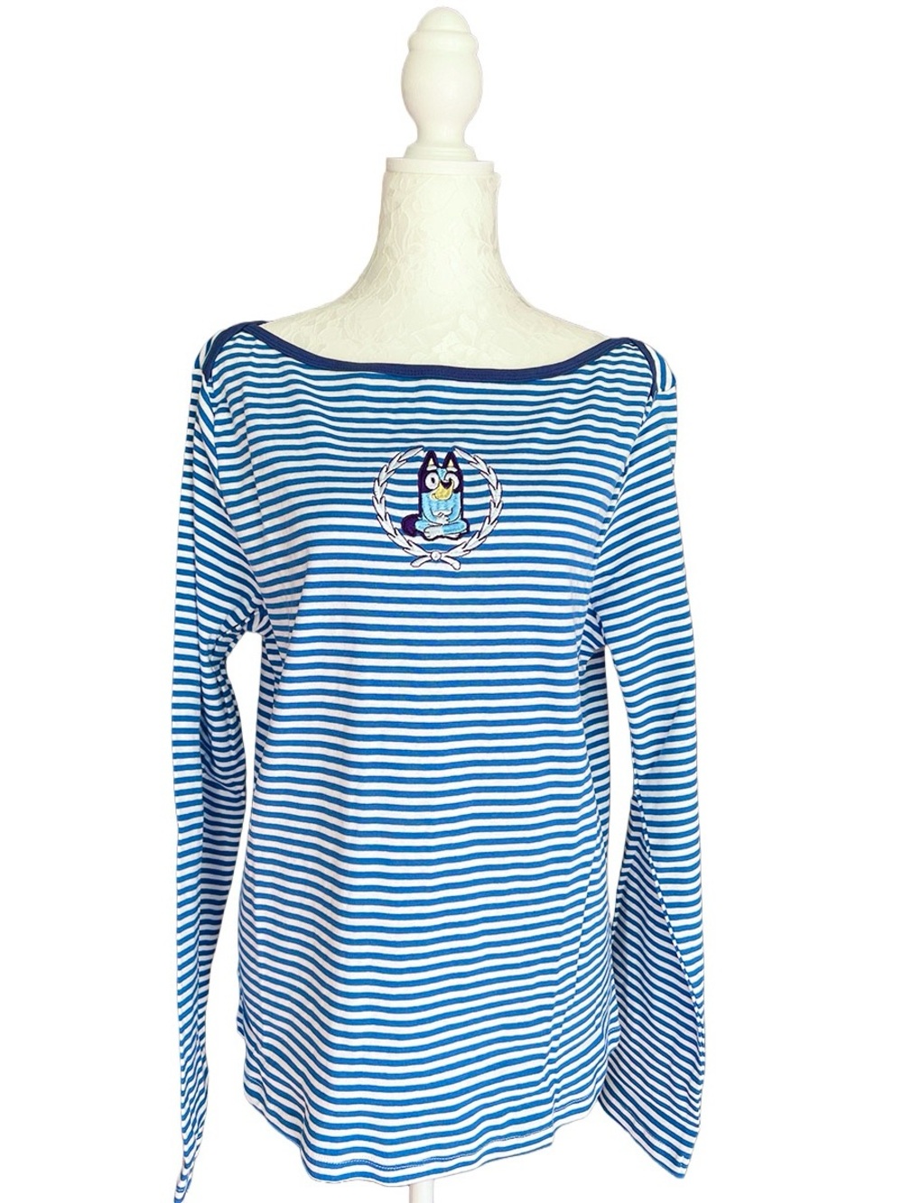 Bluey Striped Long Sleeve Graphic Tee Blue & White Women’s Plus Size 3X Casual